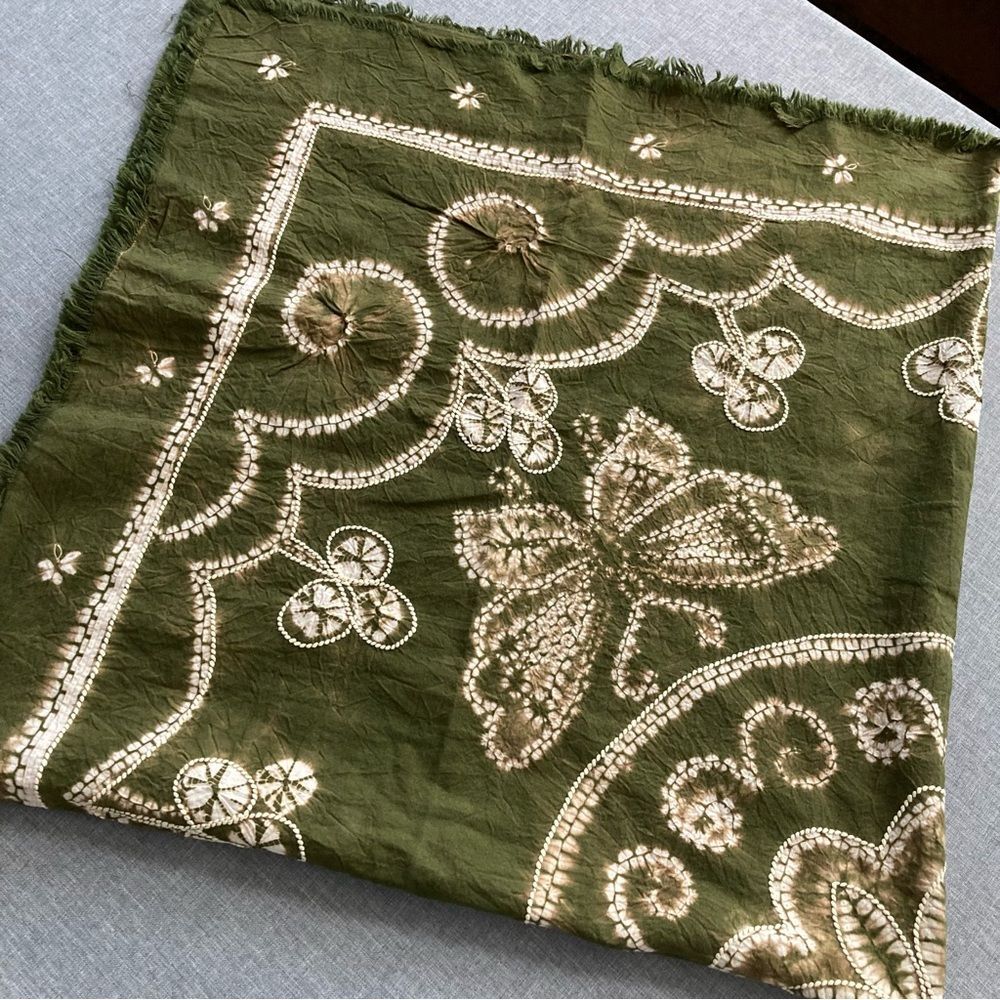 Hand Dyed Scarf Stitched Shibori Embroidered Olive Green Tie Dye 42" Square - Picture 8 of 8